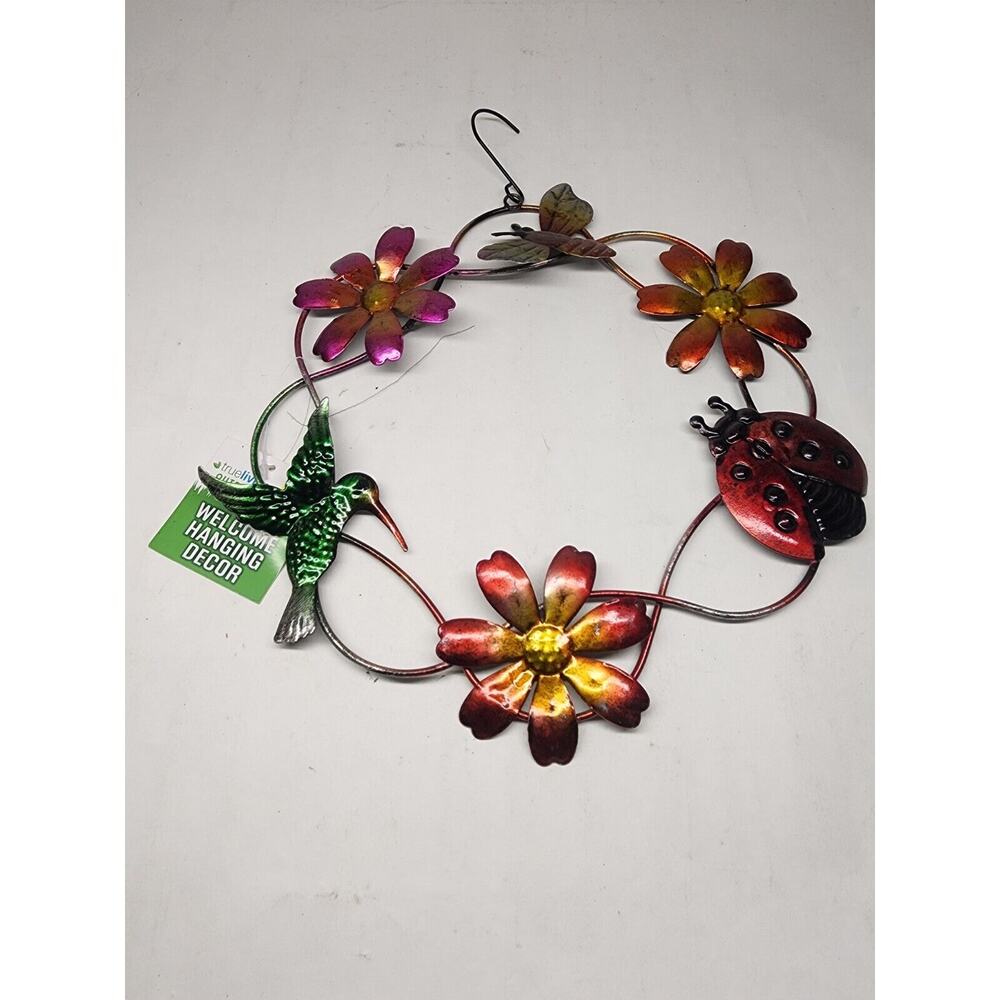 True Living Welcome Metal Hanging Wall Art Decor Hummingbird/Flowers NEW